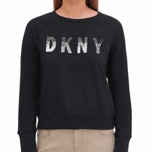DKNY Women`s Logo Crew Neck Long Sleeve Pullover Sweater, black, XL